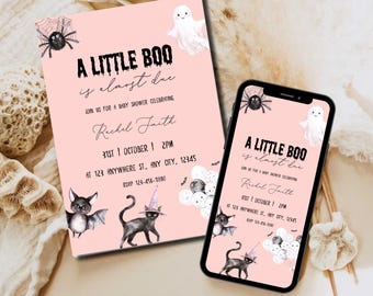 Plantilla editable de invitación para baby shower de Little Boo, invitación para baby shower de fantasma de Halloween, invitación para baby shower de fantasma rosa, niña fantasma