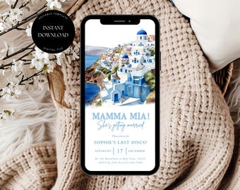 Mamma Mia Bachelorette uitnodigingssjabloon, Mamma Mia Dancing Queen vrijgezellenfeest uitnodiging, laatste disco-uitnodiging, Griekenland vrijgezellenfeest