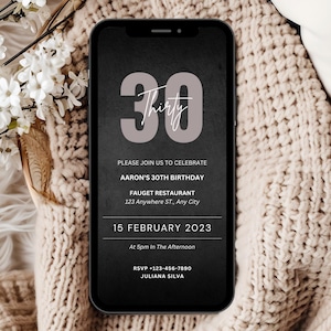 Invito di compleanno per lui digitale, modello di invito digitale per il 30° compleanno maschile, invito per la festa del 30° compleanno, invito digitale per la festa del 30° compleanno