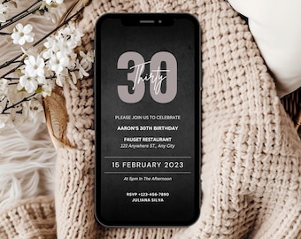 Men's 30th Birthday Invitation, Black & Grey Design (Digital Download)