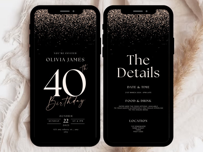 Op de afbeelding: Een digitale uitnodiging in zwart en goud voor een 40e verjaardagsfeest. De uitnodiging heeft een glinsterende achtergrond en de tekst "You're Invited Olivia James 40th Birthday" en "The Details" met de datum, tijd, informatie over eten en drinken, en de locatie.