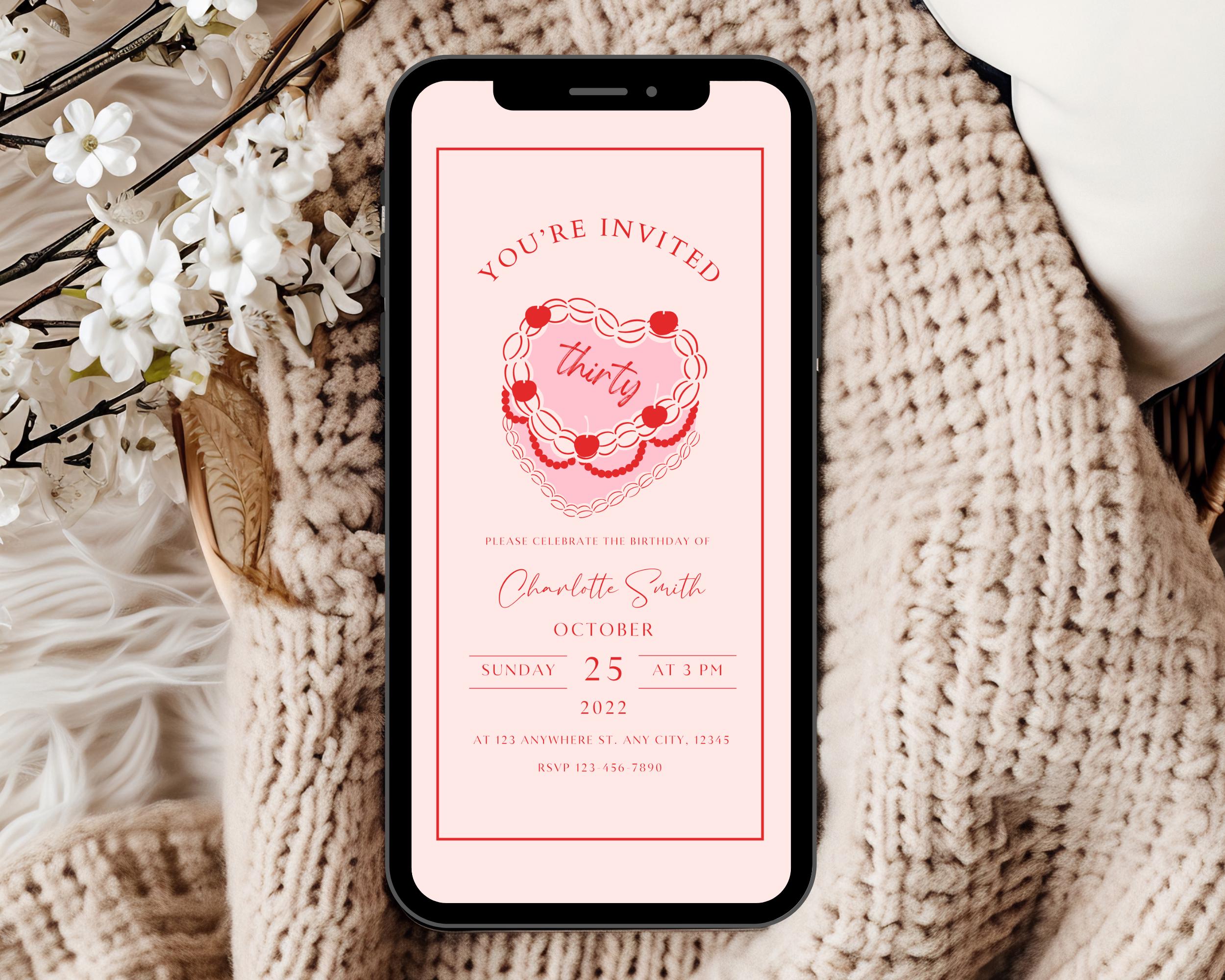 Retro Heart Cake Invitation Template, Pink 30th Birthday Party Invite. Vintage Heart Cake Invite, Digital 30th Invitation Editable