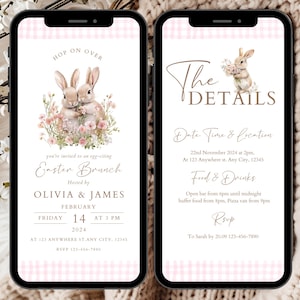 May include: A pink and white gingham patterned phone screen with a digital invitation for an Easter brunch. The invitation features a watercolour illustration of two bunnies with pink flowers. The text reads "Hop on over you're invited to an egg-citing Easter Brunch Hosted by Olivia & James Friday February 14 at 3 PM 2024 AT 123 ANYWHERE ST.ANY CITY, 12345 RSVP 123-456-7890". The right side of the screen shows the details of the event, including the date, time, location, food and drinks, and RSVP information.