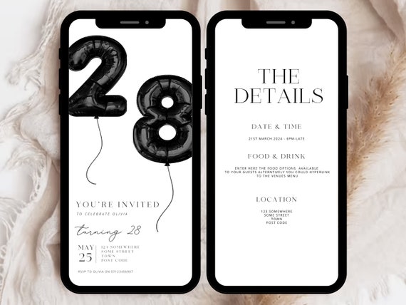 28th Birthday Invitation, Black Balloons E-Invite (Digital)