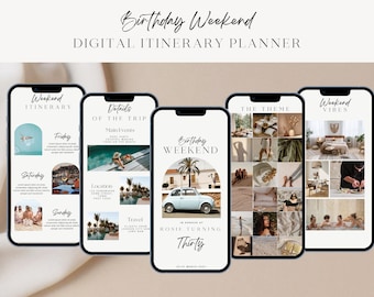 Invitación digital de fin de semana de cumpleaños e itinerario de viaje, programa de viaje de vacaciones para chicas, invitación de viaje de vacaciones para chicas, plantilla de planificador editable