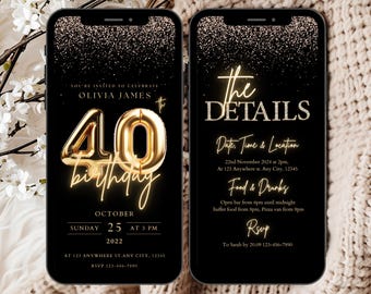 Plantilla de invitación para fiesta de cumpleaños número 40, invitación digital para ella de cumpleaños número 40, invitación glamorosa para cumpleaños número 40, invitación para cenar por el 40
