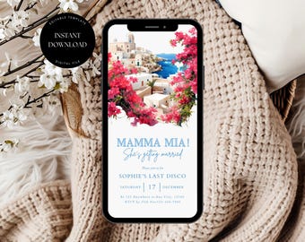 Mamma Mia sjabloon uitnodiging vrijgezellenfeest, Dancing Queen feestuitnodiging, laatste discothema, vrijgezellenfeest uitnodiging, digitale download