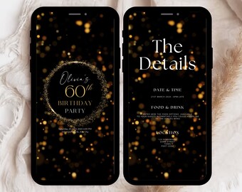 Digital 60th Birthday Party Video Invitation, Editable 60th Invitation, 60th Birthday Invitation, Animated Sixty Black Gold Invite