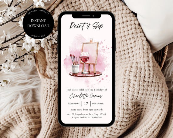 Sip and Paint Party Digital Invitation, Editable Sip & Paint Party Invite, Wine and Paint Birthday Invites, Digital Sip and Paint Invitation