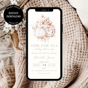 Modèle d&#39;Invitation pour baby shower tea party, invitation modifiable floral high tea baby shower, invitation numérique pour baby shower l&#39;heure du thé