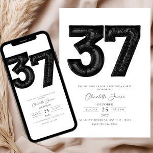 Digital 37th Birthday Party Invitation Template, 37th Birthday Invitation, 37th Digital Invitation, Editable 37th Birthday Party Evite EM
