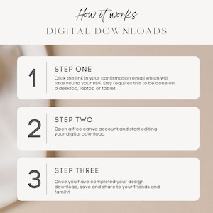 May include: A three-step guide on how to use digital downloads. Step one: Click the link in your confirmation email to access your PDF. Step two: Open a free Canva account and start editing your digital download. Step three: Once you have completed your design, download, save, and share it with your friends and family.