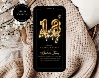 Bearbeitbare 18. Geburtstagsfeier-Einladungsvorlage, Digitale 18. Geburtstagseinladung, personalisierte 18.Digitale Einladung, 18.Texteinladung
