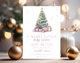 Christmas Baby Shower Invitation Template, Pink Winter Theme (Digital Download)