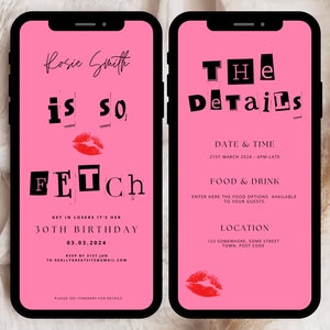 May include: A pink and black digital invitation for a 30th birthday party. The invitation says "Rosie Smith is so Fetch" and includes the date, time, location, and food and drink details.