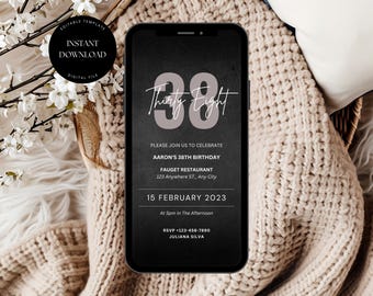 Mall för inbjudan till 38-årsdag, svart och grå design (digital nedladdning)