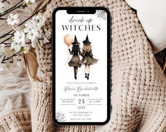 Drink Up Witches Bridal Shower Invitation, Gothic Bachelorette Party Invitation, Editable Witch Invite, Halloween Bachelorette Invite
