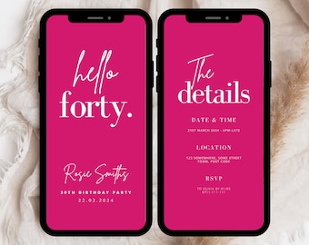 Pink Hello Forty Birthday Invitation, Chic Digital Template