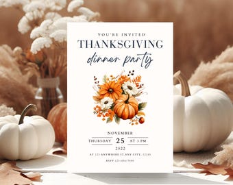 May include: Thanksgiving dinner party invitation with a watercolor illustration of pumpkins and fall flowers. The invitation includes the date, time, and location of the party. RSVP information is also included.