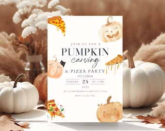 Pumpkin Carving Pizza Party Invitation, Rustic Autumn Theme (Editable Printable)