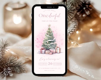 Pink Christmas First Birthday Invitation, Onederland Theme (Digital Invitation)