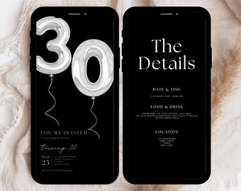Black 30th Birthday Invitation with Silver Balloons (Digital)
