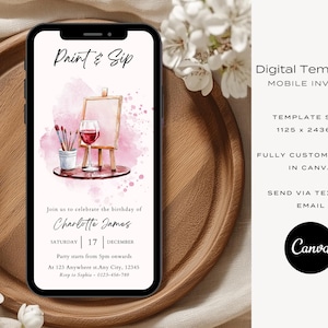 pink paint and sip invite with wine glass and paint board