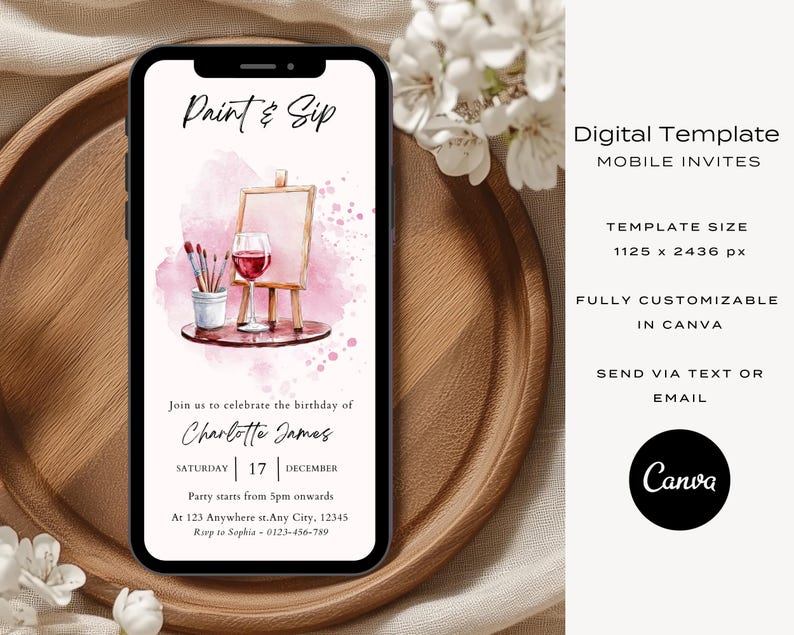pink paint and sip invite with wine glass and paint board