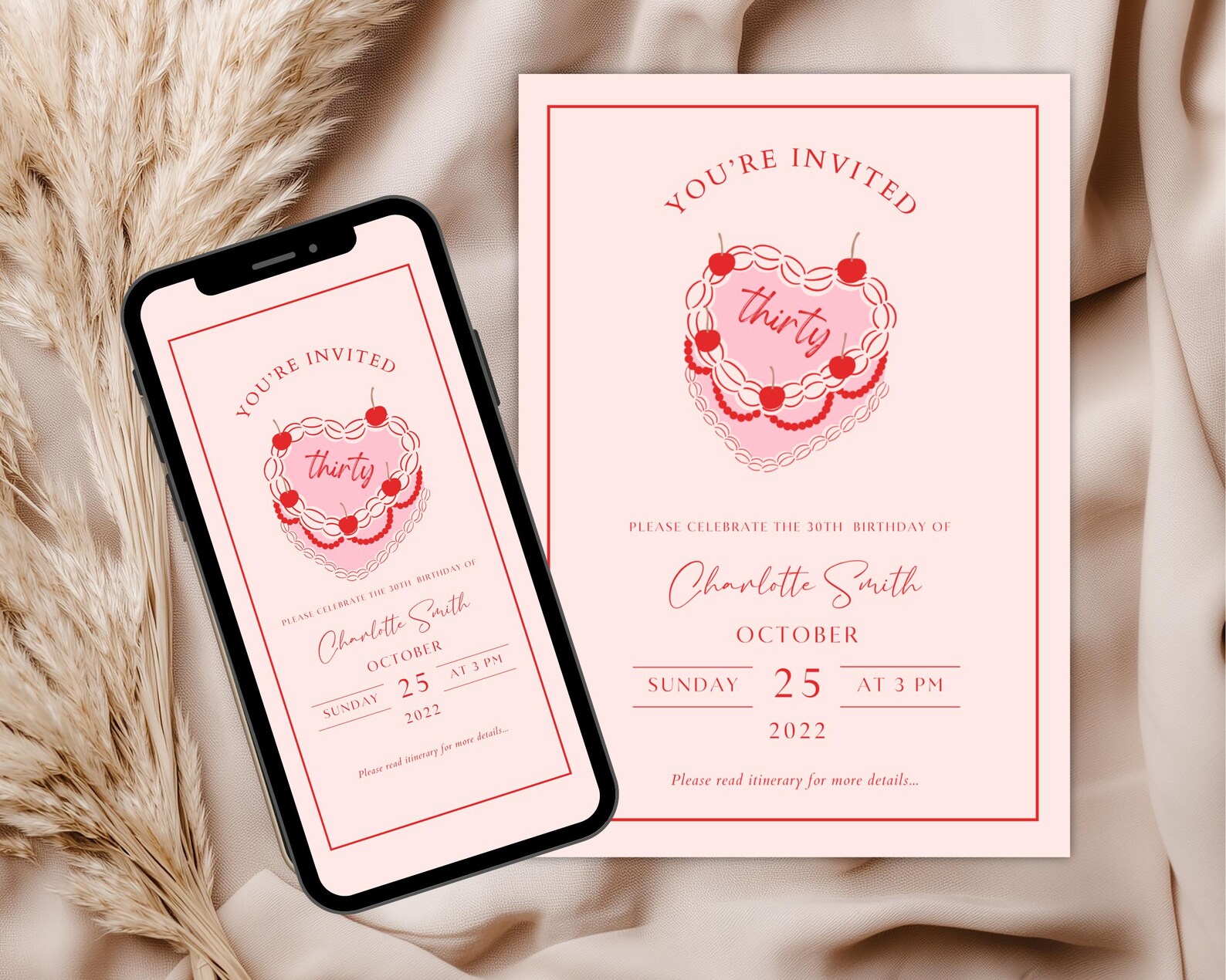 Retro Heart Birthday Cake Invitation Template, Editable 30th Birthday ...