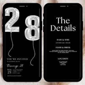 Digital 28th Birthday Invitation, 28th Birthday Party Invite, 28th Birthday E-Invite, 28th Party Invitation, Black Birthday Invite