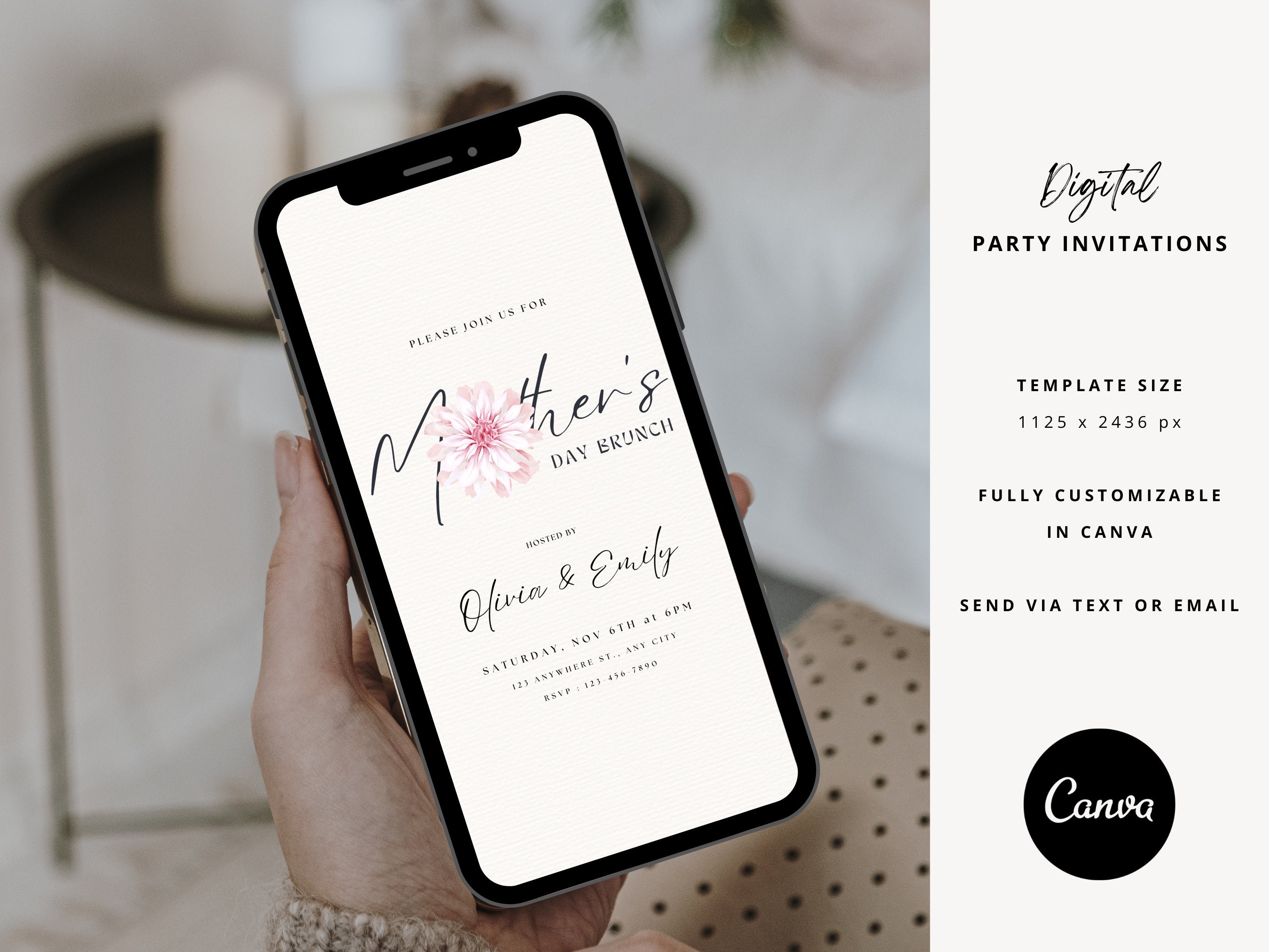 Editable Mothers Day Brunch Invitation, Mother's Day Invite, Mobile Mothers Day Invitation
