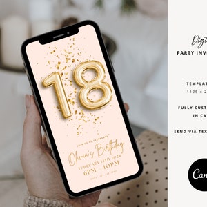 K&ouml;nnte beinhalten: Digitale Partyeinladungsvorlage mit goldenen Folienballons in Form der Zahl 18 auf rosa Hintergrund mit goldenem Konfetti. Der Text "Join us to celebrate Olivia's Birthday" ist in einer Schreibschrift geschrieben. Datum und Uhrzeit der Party sind unter dem Text aufgef&uuml;hrt. Die Vorlage ist 1125 x 2436 Pixel gro&szlig; und in Canva vollst&auml;ndig anpassbar.