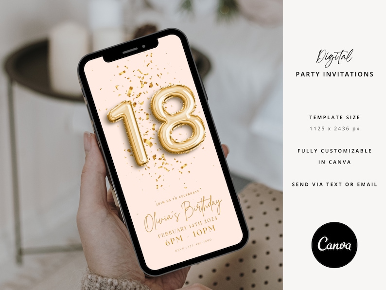 K&ouml;nnte beinhalten: Digitale Partyeinladungsvorlage mit goldenen Folienballons in Form der Zahl 18 auf rosa Hintergrund mit goldenem Konfetti. Der Text "Join us to celebrate Olivia's Birthday" ist in einer Schreibschrift geschrieben. Datum und Uhrzeit der Party sind unter dem Text aufgef&uuml;hrt. Die Vorlage ist 1125 x 2436 Pixel gro&szlig; und in Canva vollst&auml;ndig anpassbar.