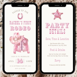 May include: A pink and white invitation for a girl's first rodeo party. The invitation features a pink cowboy hat, a pink denim jacket, and a sheriff's star. The text on the invitation reads "Saddle Up For Rachel's First Rodeo" and includes the date, time, and location of the party.