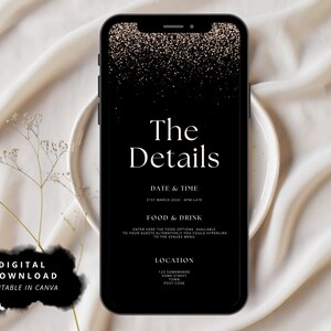Op de afbeelding: Een digitale uitnodigingstemplate in zwart en goud met de tekst "The Details" en informatie over een datum, tijd, eten en drinken, en een locatie. De template is bewerkbaar in Canva.