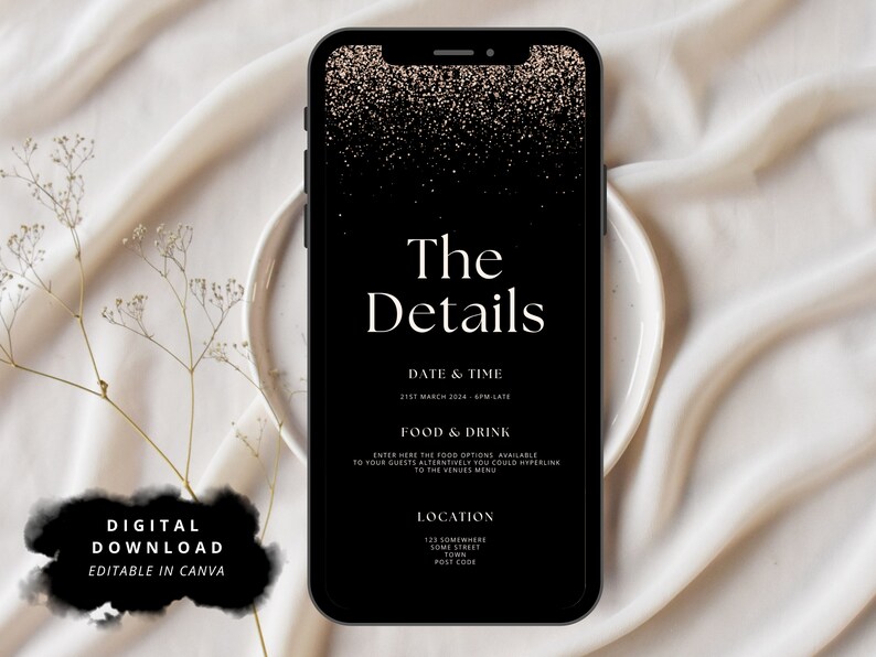 Op de afbeelding: Een digitale uitnodigingstemplate in zwart en goud met de tekst "The Details" en informatie over een datum, tijd, eten en drinken, en een locatie. De template is bewerkbaar in Canva.