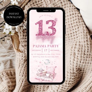 Girls 13th Party Digital Invitation, Pink Sleepover Invitation, Slumber Party Invite, 13th Birthday Digital Invite, Pajama Invitation