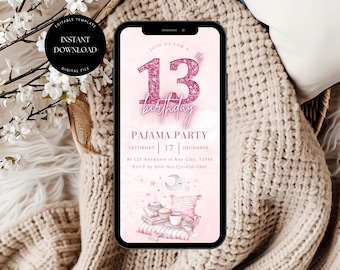 Pink 13th Birthday Pajama Party Invitation (Digital Download)