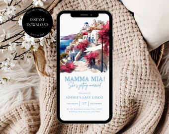 Mamma Mia thema vrijgezellenfeest uitnodigingssjabloon, Mamma Mia Dancing Queen vrijgezellenfeest uitnodiging, laatste disco vrijgezellenfeest uitnodiging