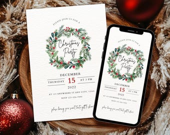 May include: A Christmas party invitation with a festive wreath design. The invitation is printed on white cardstock and features a green wreath with red berries and a handwritten "Christmas Party" title. The date and time of the party are listed below the wreath, along with the address and RSVP information. The invitation is displayed on a wooden surface with a red ornament and a white fluffy surface in the background.