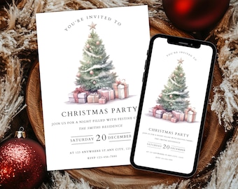 Editable Christmas Birthday Party Invitation Template, Downloadable Christmas Party Invite, Pink Christmas Party Invite