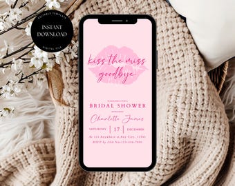 Kiss the Miss Goodbye Bachelorette Invitation, Kiss the Miss Goodbye Invitation, Digital Hen Party Invite, Editable Bachelorette Invite