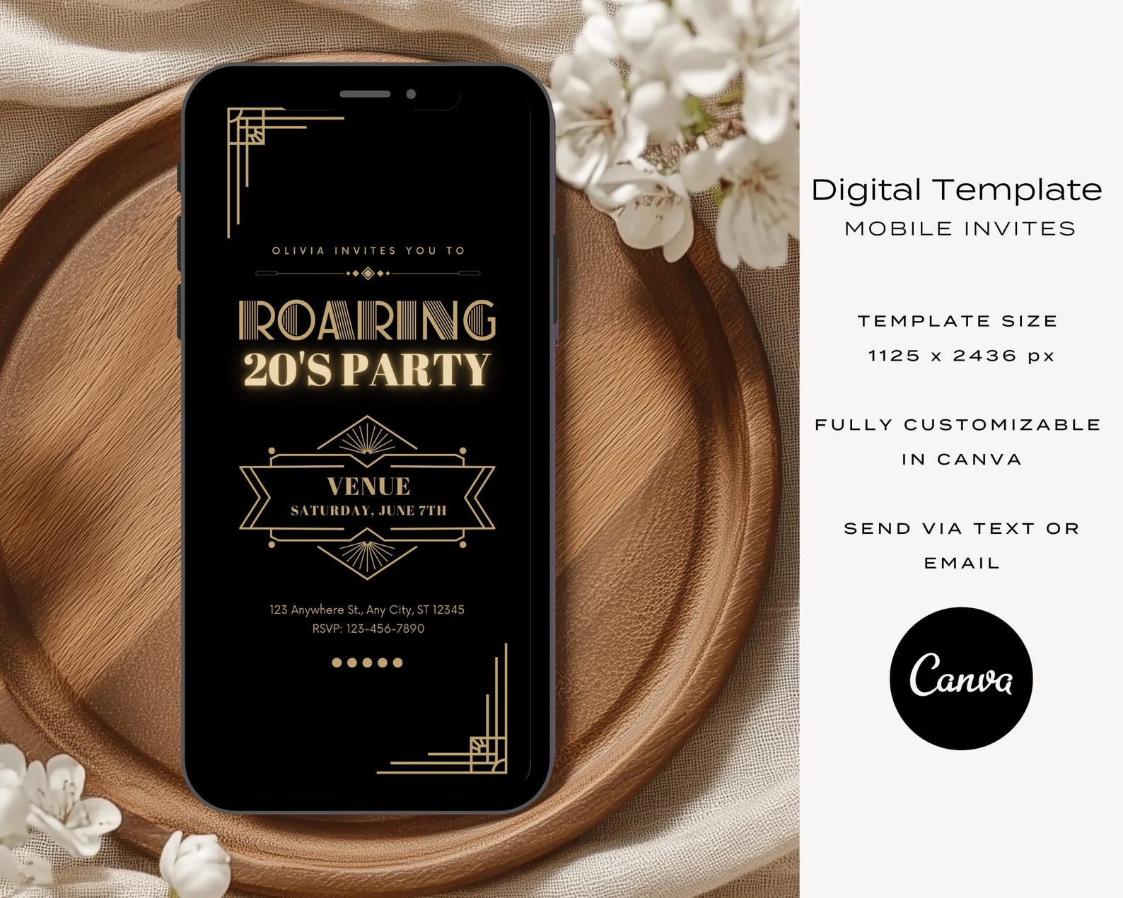 Editable 1920s Art Deco Birthday Invitation, Great Gatsby Party ...