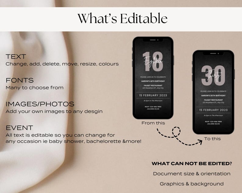 May include: Editable template for a birthday invitation. The template features a black background with a white number 18 and the text "AARON'S 18TH BIRTHDAY". The template also includes the date "15 FEBRUARY 2023" and the name of a restaurant. The template is shown next to a similar template with the number 30.