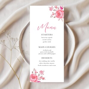 Tarjeta de menú de boda rosa, plantilla de menú de despedida de soltera descargable, menú de boda minimalista en rosa, menú floral rosa, menú de despedida de soltera