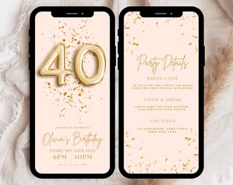 Digital 40th Birthday Invitation Template, 40th Gold Birthday Invitation, 40th Birthday Evite, 40th Party Invitation Digital 40th Invitation