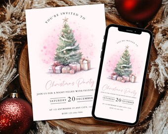 Pink Christmas Tree Party Invite Template, Girl Christmas Birthday Party Invite, Editable Christmas Invite Download, Christmas Party Invite