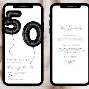 K&ouml;nnte beinhalten: Eine digitale Einladung in Schwarzwei&szlig; f&uuml;r eine 40. Geburtstagsfeier. Die Einladung zeigt eine schwarze Ballonnummer 50 und den Text "Sie sind eingeladen, Olivia zu feiern, die 40 Jahre alt wird". Die Einladung enth&auml;lt auch das Datum, den Ort und die RSVP-Informationen.