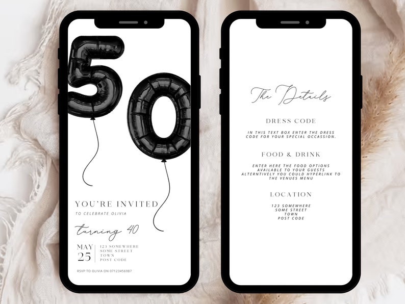 K&ouml;nnte beinhalten: Eine digitale Einladung in Schwarzwei&szlig; f&uuml;r eine 40. Geburtstagsfeier. Die Einladung zeigt eine schwarze Ballonnummer 50 und den Text "Sie sind eingeladen, Olivia zu feiern, die 40 Jahre alt wird". Die Einladung enth&auml;lt auch das Datum, den Ort und die RSVP-Informationen.