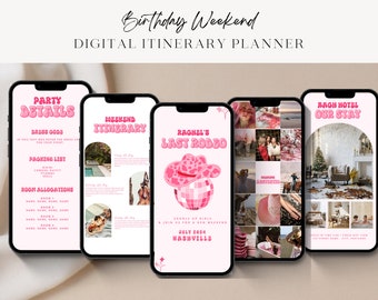 May include: A digital itinerary planner for a birthday weekend trip. The planner includes a party details page, a weekend itinerary, a page for the event, a photo collage, and a page for the hotel stay. The pages are designed with a pink and white color scheme and feature a retro font.